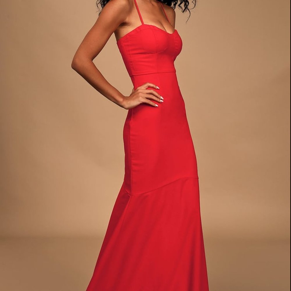 Lulus See You Again Red Bustier Mermaid Maxi Dress